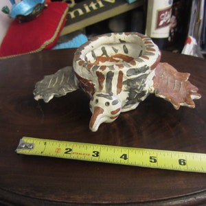 Vintage Mexican Folk Art Bird, Hand Made Painted Pottery Candle Holder Trinket Dish