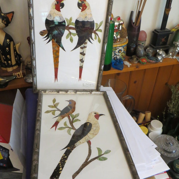 Bird paper art collage, framed pair,