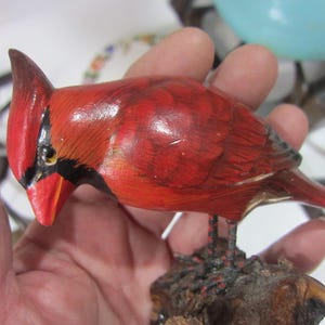 Cardinal Hand Carved Wooden Bird, Cool Old Bird Art