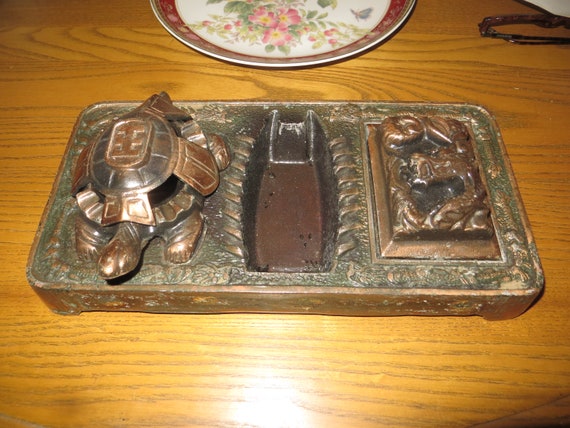 Cigarette Box Ashtray, Japanese Style, Pot Metal Desk Set, Please Read  Description