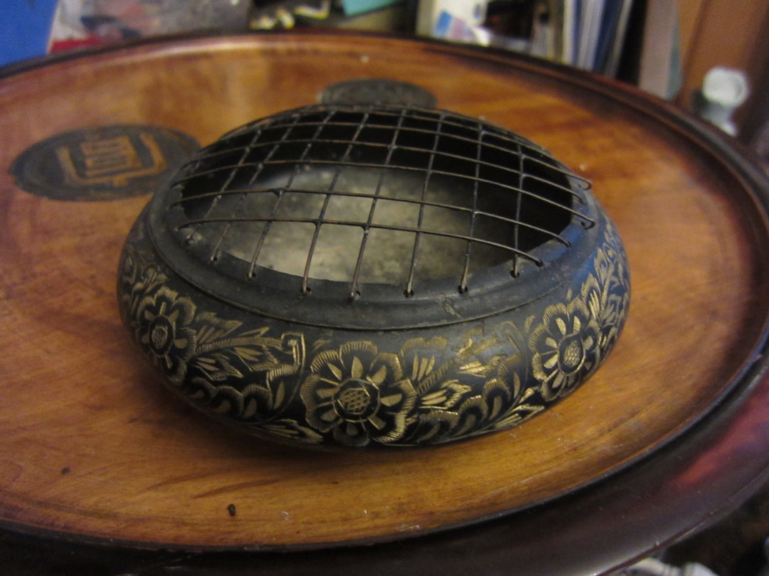 Vintage Brass Rose Bowl, Etched With Metal Mesh Topper Etsy