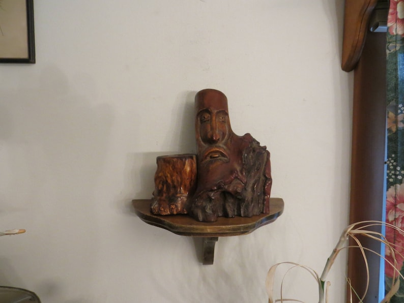 Wooden Face, Incense Carved Wood Tree Trunk Candle Holder