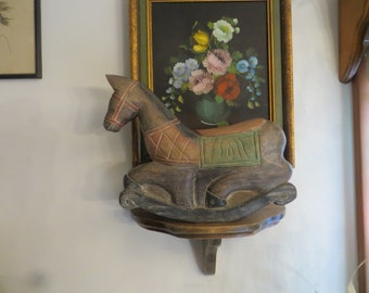 Carved Wooden Rocking Horse, Vintage, nursery kids room,