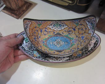 Antique Dish Bowl Copper Enameled Persian, beggar's bowl, Please Read Description