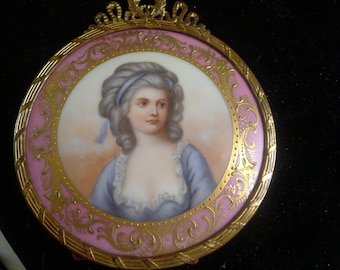 Antique Marie Antoinette Portrait Miniature - Hand Painted Gilt Ribbon Bow Easel Frame - Victorian Victorian Velvet, Please Read Description