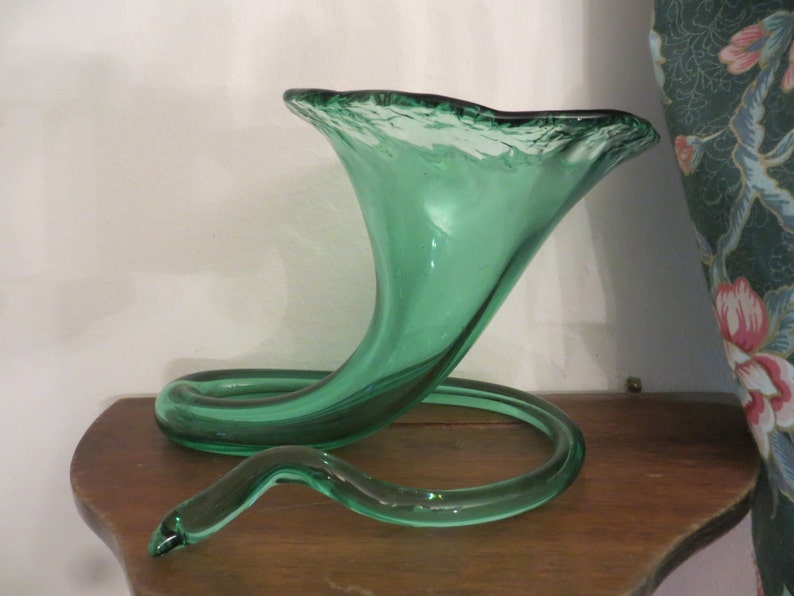 Vintage Green Glass Vase Swirl Stem Trumpet Hand Blown
