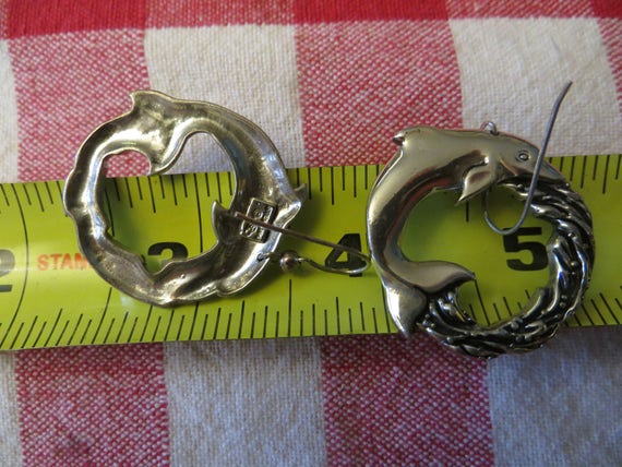Sterling Silver Dolphin Earrings. Vintage Heavy O… - image 3