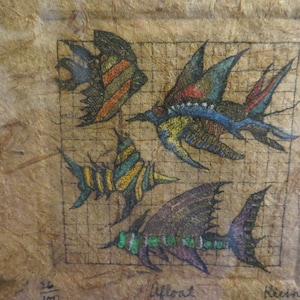 May include: A hand-drawn illustration of four colorful fish on a gridded background. The fish are drawn in a stylized manner with black outlines and filled with vibrant colors. The image is titled "Afloat" and signed "Kleinke".