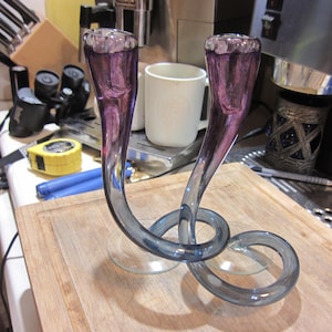 Twisted Candlesticks, Lot 2, Murano Style Glass Candleholders, Vintage, Home Decor Art Glass, 8 1/2 Inch,