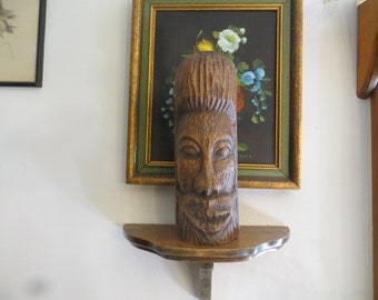 Carved Tiki Totem Wood Head, Vintage