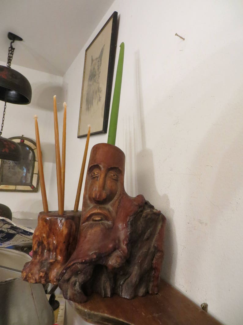 Wooden Face, Incense Carved Wood Tree Trunk Candle Holder