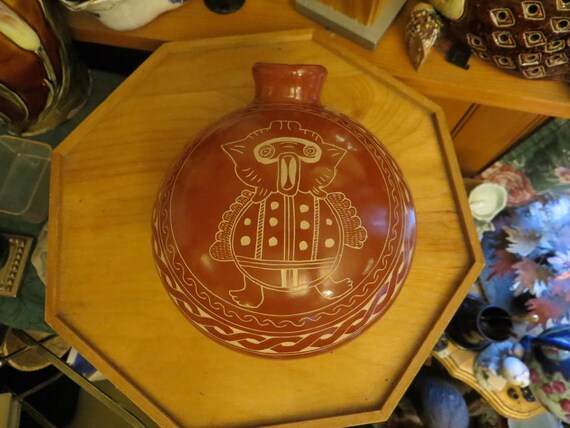 Red Clay Vessel w Vintage Etched Designs & Image