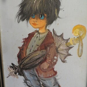 May include: A painting of a young person with blue eyes and black hair holding an umbrella. The person is wearing a red jacket, a white shirt, and blue jeans. The painting is signed "Caprioly" in the bottom right corner.