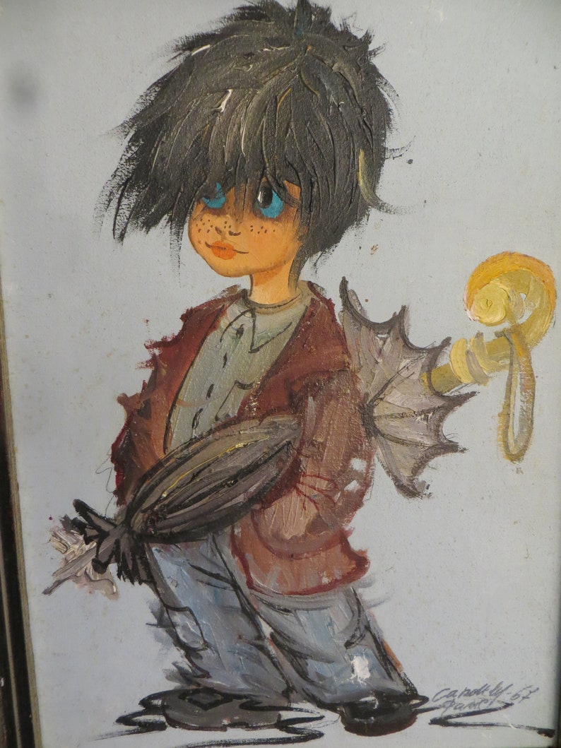 May include: A painting of a young person with blue eyes and black hair holding an umbrella. The person is wearing a red jacket, a white shirt, and blue jeans. The painting is signed "Caprioly" in the bottom right corner.