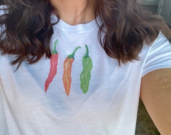 T-shirt per bambini Pepper con perline, camicia al peperoncino, regalo di peperoncino, T-shirt grafica per bambini, T-shirt grafica dipinta a mano, T-shirt con perline a mano