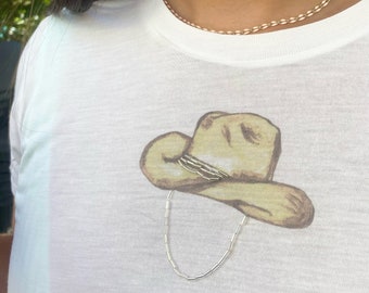 Cowboy Hat Baby Tee With Beading; Vintage Inspired Baby Tee; Graphic Baby Tee; Hand-painted Graphic T-shirt, Hand-beaded T-shirt