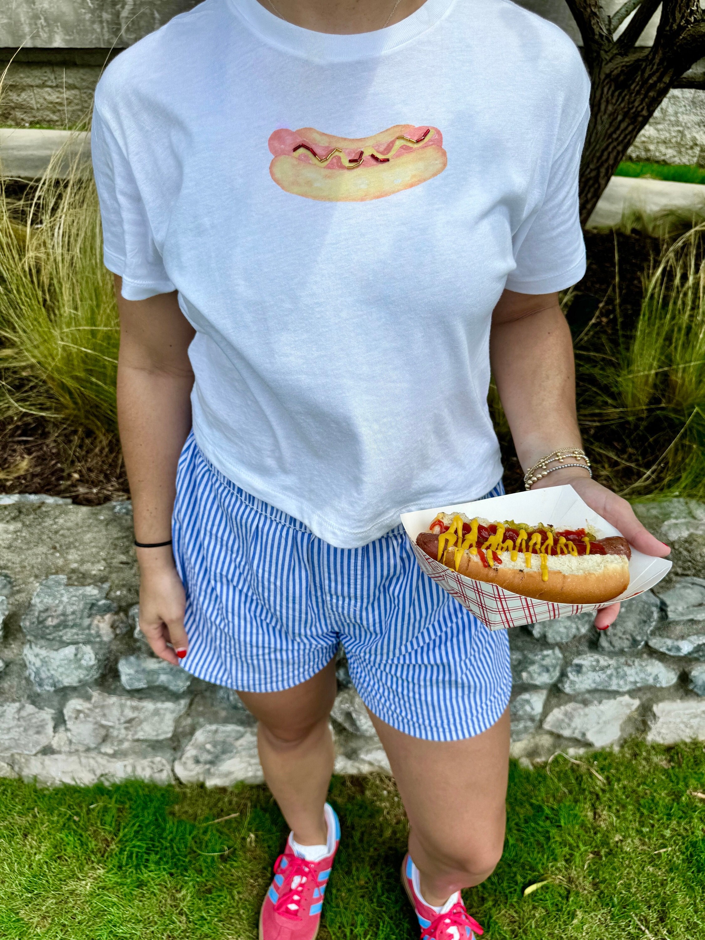 Hotdog Tee With Beading, Watercolor shirt, Summer Shirt, Foodie Baby Tee, Hand-painted Graphic T-shirt, Hand-beaded T-shirt