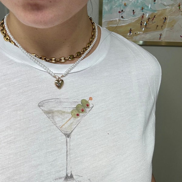 Dirty Martini Baby Tee With Beading; Vintage Inspired Baby Tee; Graphic Baby Tee; Hand-painted Graphic T-shirt, Hand-beaded T-shirt