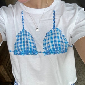 Bikini Top Tee With Beading, Bikini shirt, Beach Shirt, Summer Shirt, Graphic Baby Tee, Hand-painted Graphic T-shirt, Hand-beaded T-shirt