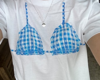 Maglietta bikini con perline, camicia bikini, camicia da spiaggia, camicia estiva, maglietta grafica per bambini, maglietta grafica dipinta a mano, maglietta con perline a mano