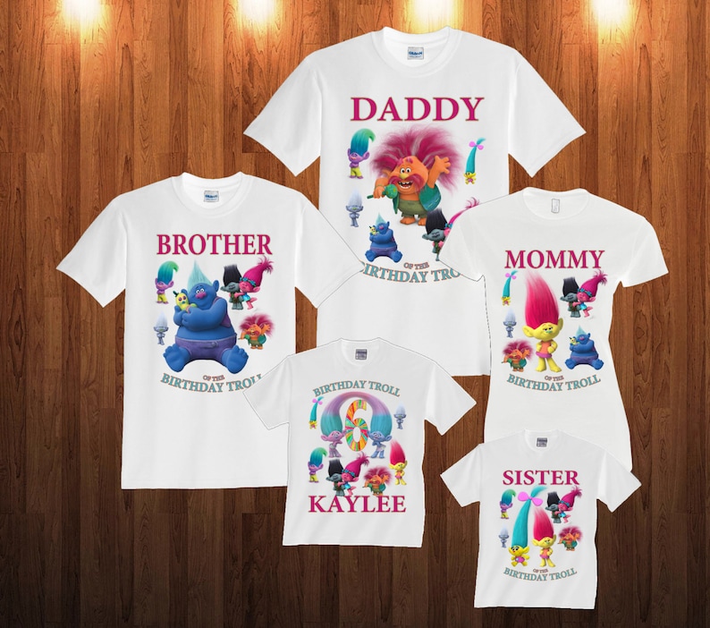Trolls Birthday Long Sleeve and Short Sleeve Shirt, Custom personalized t-shirts for all family image 1