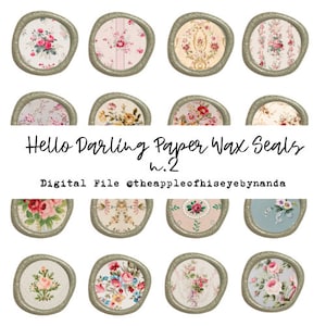 May include: Sixteen digital paper wax seals with floral patterns in shades of pink, red, yellow, and blue. Each seal is framed by a metallic grey border. The image includes the text "Hello Darling Paper Wax Seals w.2" and "Digital File @theappleofhiseyebynanda."