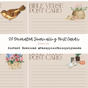 May include: Twenty printable postcards with a beige background and lined writing space. Each postcard features a different watercolour illustration, including a bird, flowers in a basket, and a teapot with books. The text "Bible Verse Post Card" is at the top of each postcard.
