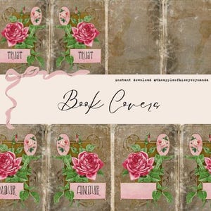 May include: Six printable book covers with a vintage aesthetic. Each cover features a floral design with pink roses and the words "Trust" and "Amour" in a decorative font.