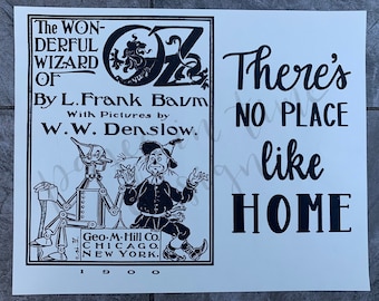 No hay lugar como casa - Cita dibujada a mano impresa en la página del libro vintage Wizard of Oz 1973 - 8x10 pulgadas