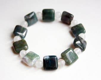 Moss Agate Stretch Bracelet Beaded with Snow Quartz - Size Small