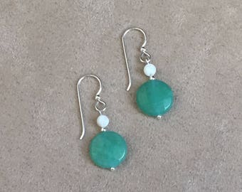 Mint Green Jade Earrings with Mother of Pearl and Sterling Silver Finishings