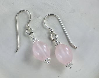 Rose Quartz Earrings Beaded with Sterling Silver Beads, Ear Wires and Head Pins