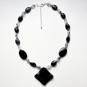 Black Agate Pendant Necklace Beaded with Tourmalinated Quartz, Tuxedo Agate, Black Glass, Blue Glass and Sterling Silver