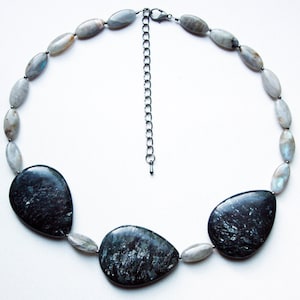 Natural Stone Necklace Beaded with Black Granite and Labradorite Natural Stone Beads with Pewter Spacers and Finishings