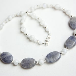 Iolite Necklace Beaded with Moonstone Genuine Gemstones with Sterling Silver Beads and Finishings