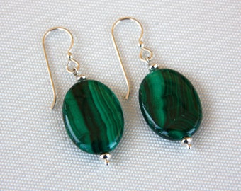 Malachite Earrings with Sterling Silver Beads, Ear Wires and Head Pins