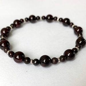 January Birthstone - Garnet Stretch Bracelet with Sterling Silver Beads - Size Large
