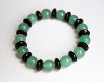 Green Aventurine Stretch Bracelet Beaded with Black Glass Rondelles - Size Small