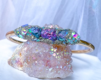 Peacock Ore and Pyrite bangle,Angel Protection, Raw gemstone jewelry, handmade in California, purple crystal jewelry, teal gemstone jewelry