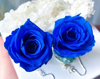 EverLast, rose, earrings, blue roses, blue rose earrings, real roses, gift for, bridesmaids, bride, wife, sister, I am Keshet, anniversary