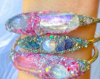 Rainbow Moonstone bracelet, Pink, crystal,cuff, iridescent , Perfect gift for, her, Daughter, sister, for Wife, angel protection jewelry