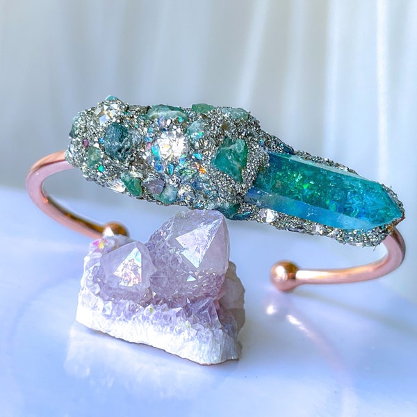 Raw emerald bracelet, Angel, Protection, genuine emerald, Bracelet, Crystal, gemstone, cuff, gift, for her, heart, love, birthday, iamkeshet