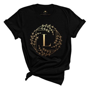 Camisas de reunión familiar, estampado dorado, letra L, letra del alfabeto, camiseta inicial con nombre de monograma, regalos personalizados, camisas con nombre personalizado de vacaciones