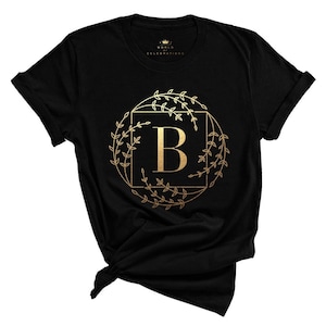 Camisas para reunião de família, estampa dourada, letra B, letra do alfabeto, camiseta inicial com nome do monograma, presentes personalizados, camisas com nome personalizado para férias