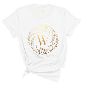 Camisas de reunião de família, estampa dourada, letra W, letra do alfabeto, camiseta inicial com nome do monograma, presentes personalizados, camisas com nome personalizado de férias