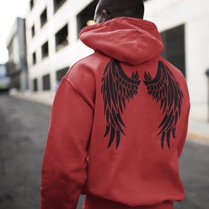 May include: A red hooded sweatshirt with a black angel wing design on the back.