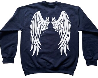 Sudadera con alas de ángel para hombre y mujer - Suéter azul marino - Sudadera de ángel - Alas en la espalda - Manga larga - Camiseta de ángel