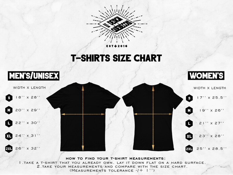May include: A black T-shirts size chart with measurements for men's/unisex and women's sizes. The chart includes width and length in inches for sizes S, M, L, XL, and 2XL. The text "HOW TO FIND YOUR T-SHIRT MEASUREMENTS" is also visible.
