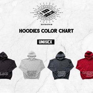May include: Colour chart for unisex hoodies in black, sport grey, dark grey, and cardinal red.