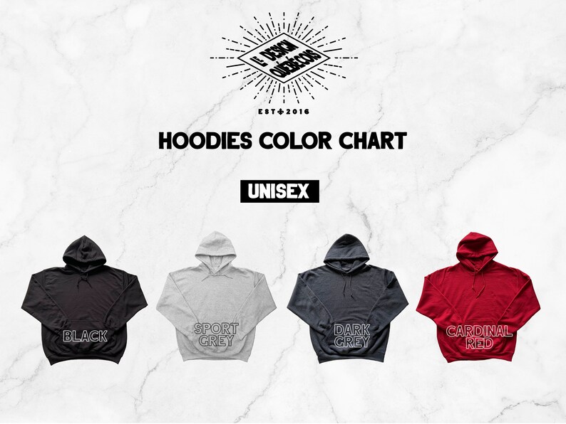 May include: Colour chart for unisex hoodies in black, sport grey, dark grey, and cardinal red.